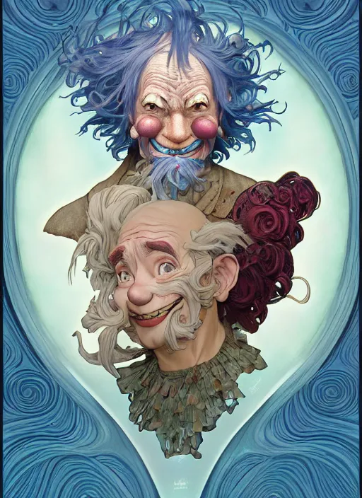 Image similar to wrinkled old clown with curly shiny shimmering blue hair, path traced, highly detailed, high quality, digital painting, by studio ghibli and alphonse mucha, leesha hannigan, hidari, disney