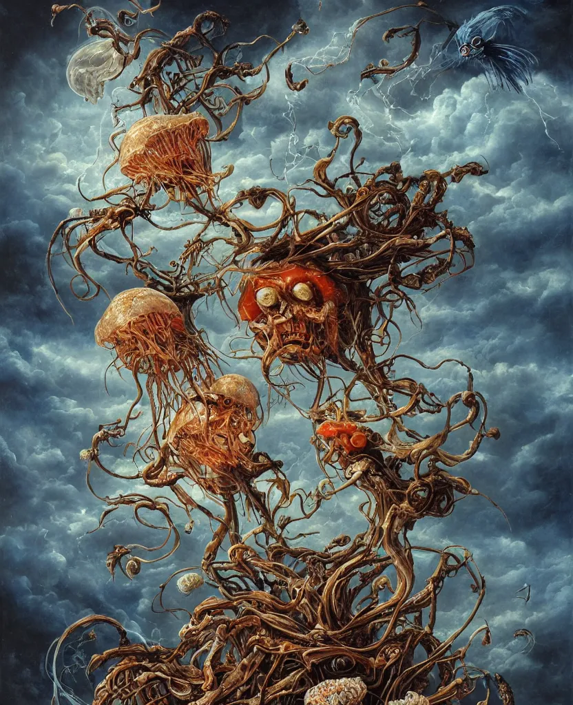 Image similar to an anatomical oil painting of a Harpy jellyfish from a medical journal by Nychos, Julie Bell, Peter Mohrbacher highly detailed, high detail, 8k, storm clouds, birds, dramatic lighting