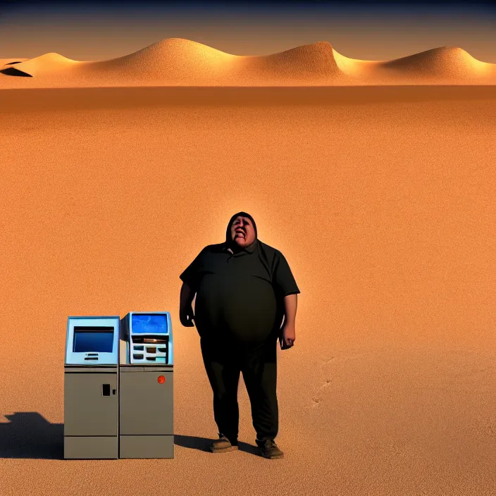 Image similar to hyperrealistic mixed media portrait of a moridly obese man using an ATM machine in the middle of a barren desert wasteland, despair, depressing and hopeless vibe, stunning 3d render inspired art by P. Craig Russell and Barry Windsor-Smith + perfect facial symmetry + dim volumetric lighting, 8k octane beautifully detailed render, post-processing, extremely hyperdetailed, epic composition, grim yet sparkling atmosphere, cinematic lighting + masterpiece, trending on artstation