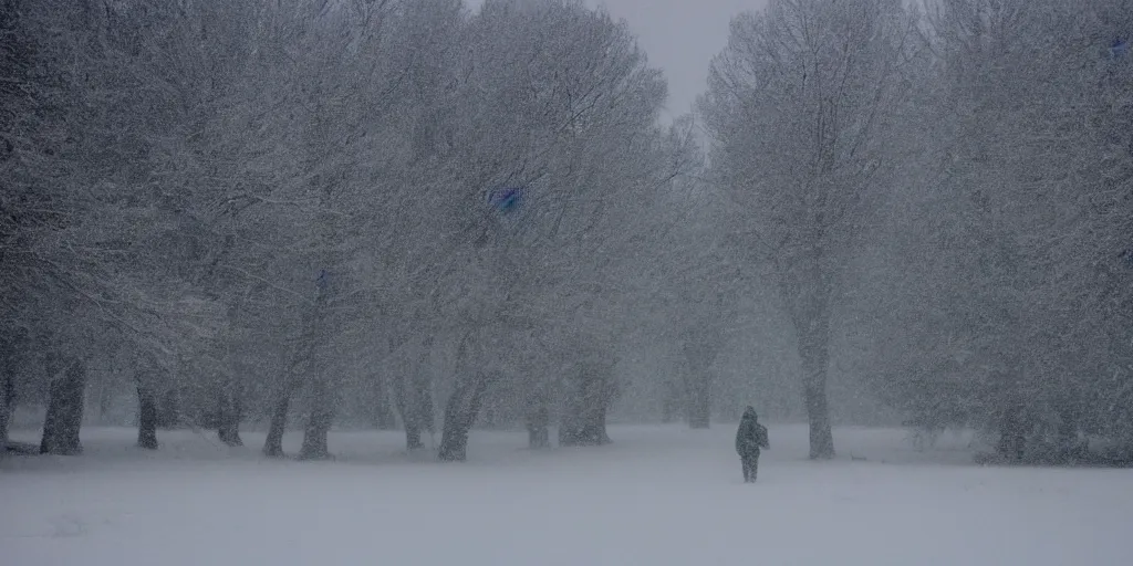 Image similar to photo of green river, wyoming covered in ice and snow, during a snowstorm. a old man in a trench coat and a cane appears as a hazy silhouette in the distance, looking back over his shoulder. cold color temperature. blue hour morning light, snow storm. hazy atmosphere. humidity haze. kodak ektachrome, greenish expired film, award winning, low contrast.