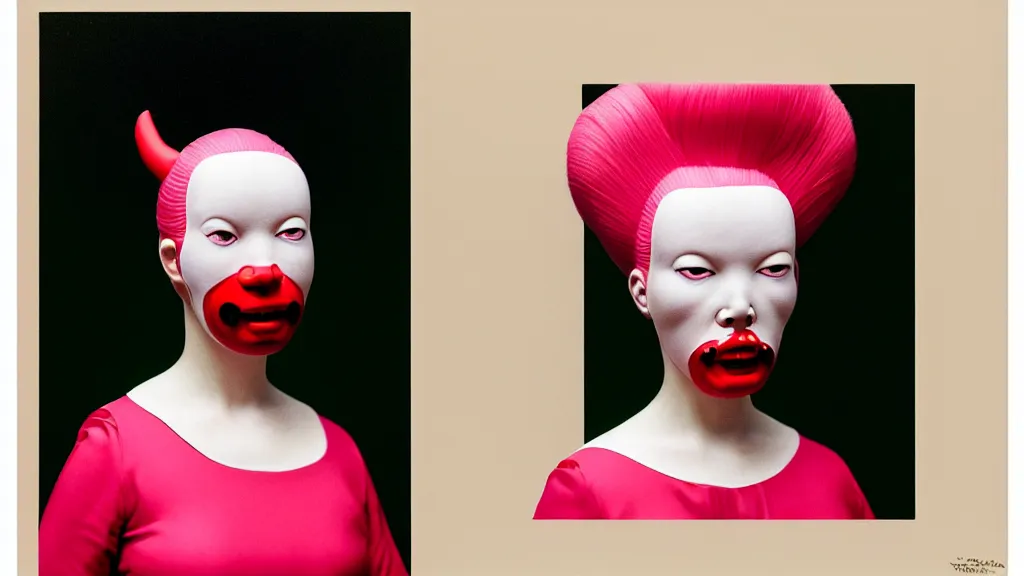 Prompt: symmetrical portrait of a woman wearing a pink silicone mask and hair rolls, wearing a red dress by alexander mcqueen, standing in a garden, cream white background, bjork aesthetic, translucent, masterpiece, in the style of rogier van der weyden and jacopo da pontormo, by mark ryden, punk, asian art,