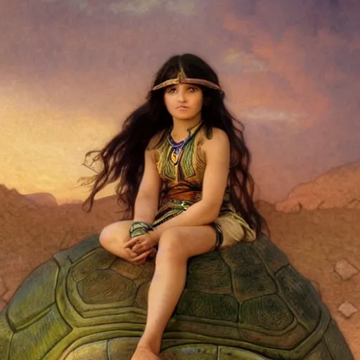 Prompt: a little warrior girl sitting on top of one giant turtle seen from a distance in the desert. the girl has dark skin and beautiful green eyes, realistic full body and a very beautiful detailed symmetrical face with long black hair. diffuse light, dramatic sky and landscape, fantasy illustration by mucha