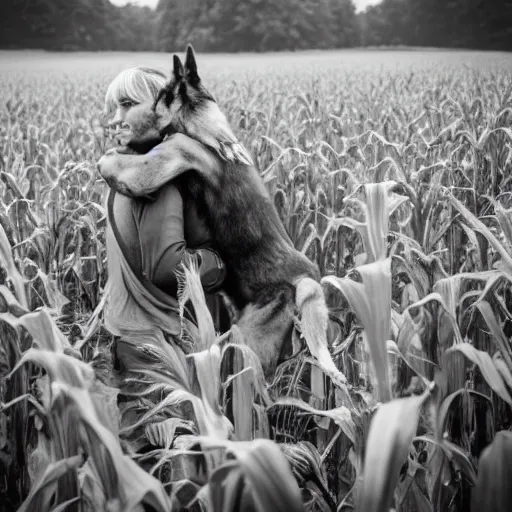 Image similar to a humanoid german shepherd beast - man hugging his friend in a corn field vintage sepia detailed 8 k