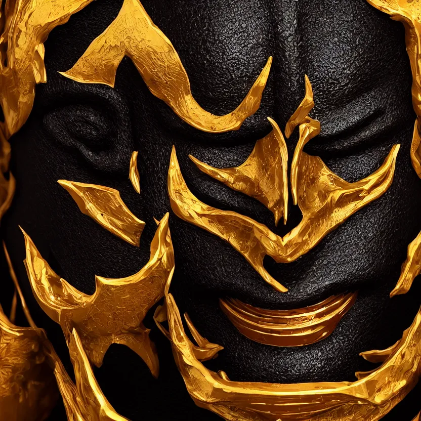 Prompt: a black hannya (般若) mask, proportional, symmetric, kintsugi, gold, ornate, details, smooth, sharp focus, illustration, realistic, cinematic, artstation, award winning, rgb , unreal engine, octane render, cinematic light, macro, depth of field, blur, red light, 8K,