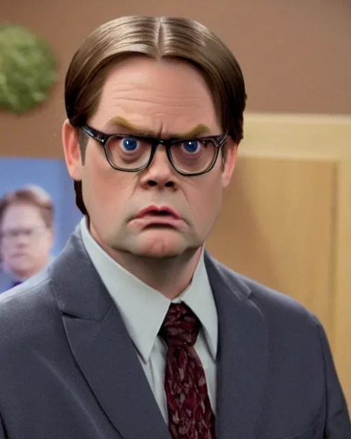 Image similar to film still from the office, dwight schrute as a muppet. highly detailed felt. hyper real photo. 4 k.