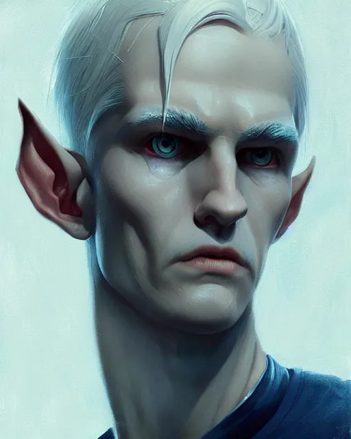 Image similar to character portrait of a slender half elf man with white hair, piercing blue eyes, and pale bluish skin, by greg rutkowski, mark brookes, jim burns, tom bagshaw, trending on artstation