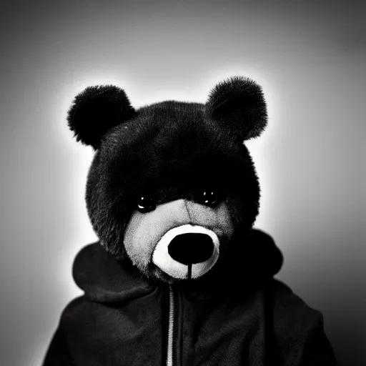 Image similar to a ( ( chiaroscuro lighting portrait ) ) of kanye west dressed as teddy bear mascot, black background, portrait by julia margaret cameron, shallow depth of field, 8 0 mm, f 1. 8