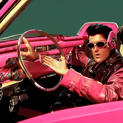 Prompt: elvis driving a vintage ford taurus pink interior shot. film still. 4 k hd image, trending on artstation, featured on behance, well rendered, extra crisp, features intricate detail, epic composition and the style of quintin tarantino.