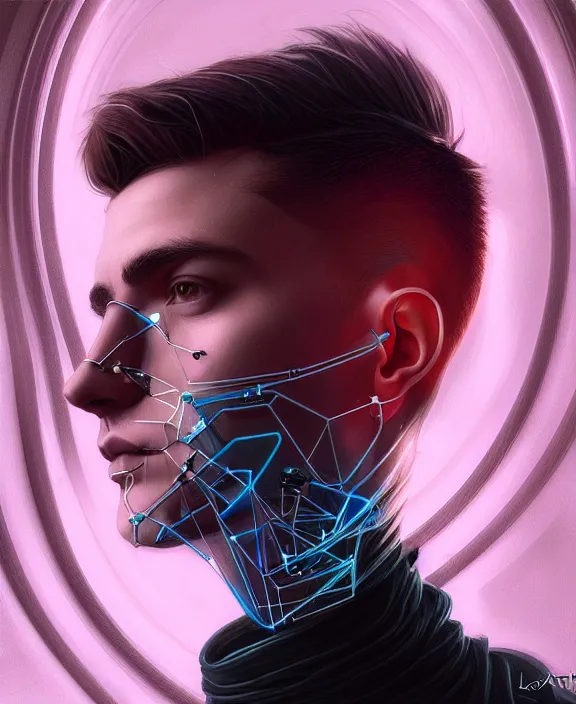 Image similar to a whirlwind inside the metaverse, guy, male, man, science, machine face, fashionable haircut, piercing, half body, neurochip, android, cyberpunk face, by loish, d & d, fantasy, intricate, elegant, highly detailed, colorful, digital painting, artstation, concept art, art by artgerm and greg rutkowski and alphonse mucha