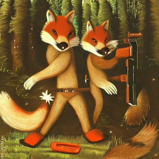 Image similar to beaver and fox with gun at party