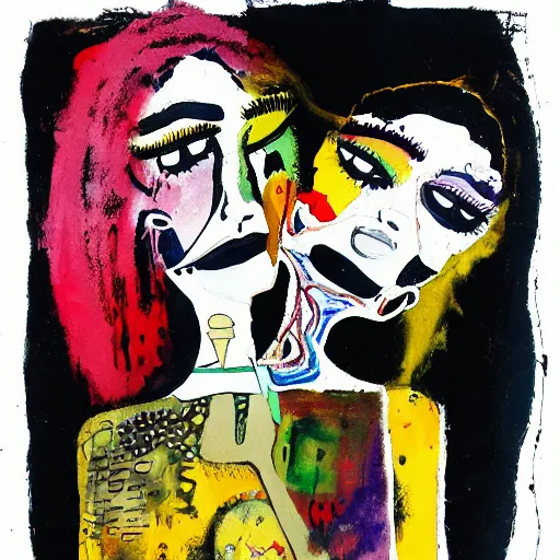 Image similar to watercolor painting of two bizarre psychedelic goth women kissing each other closeup in a cafe in japan, speculative evolution, mixed media collage by basquiat and jackson pollock, magazine collage art, sapphic art, lesbian art, chemically damaged