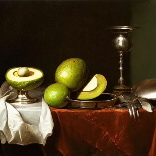 Image similar to still life by willem claesz heda, avocados, bread, linen, a fly, silver, overturned chalice, goblets,