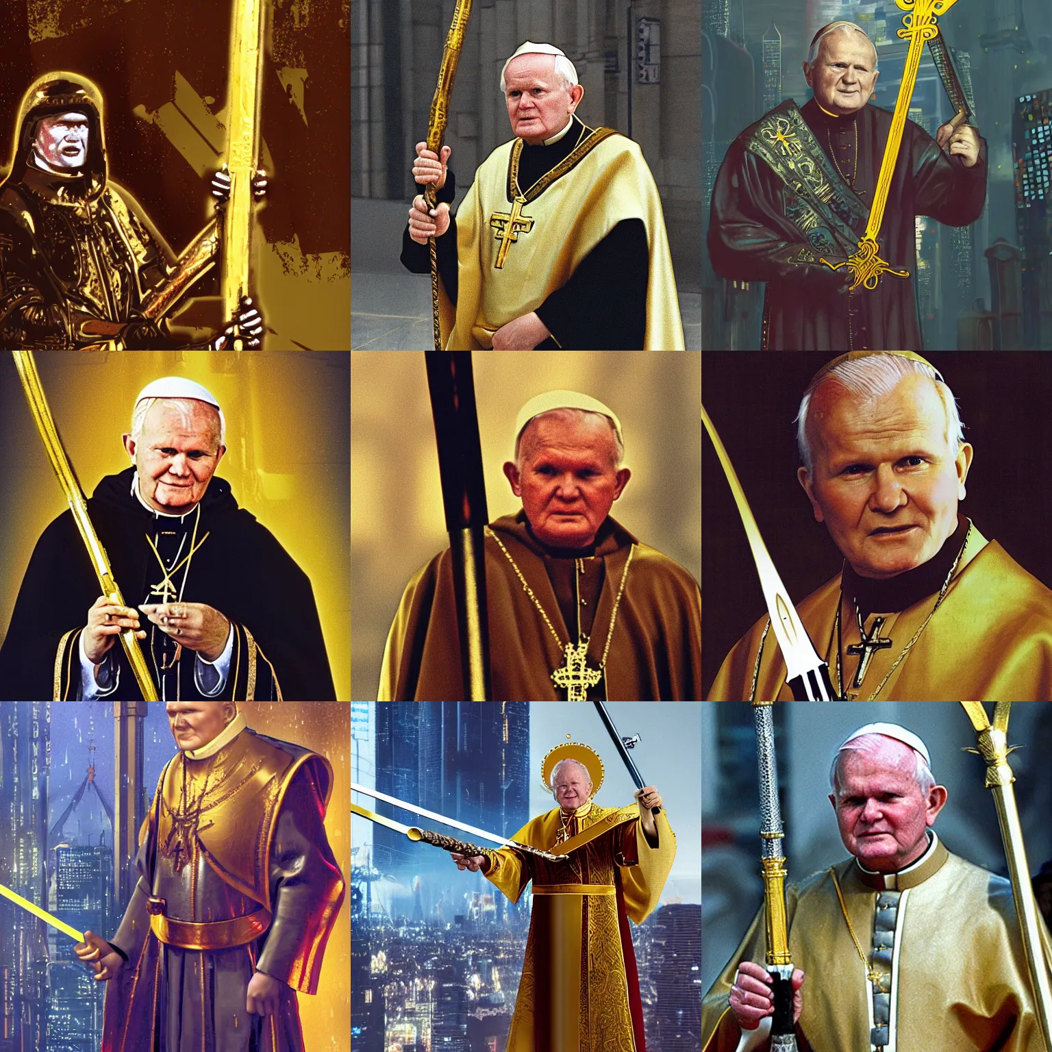 Prompt: John Paul II with a long golden sword in a cyberpunk city