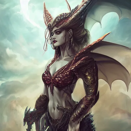 Image similar to A stunning comic book style portrait painting of a dragon goddess, wide view, in the style of WLOP, 8k masterpiece, cinematic lighting, pristine and clean design, high fantasy, insanely detailed, atmospheric,