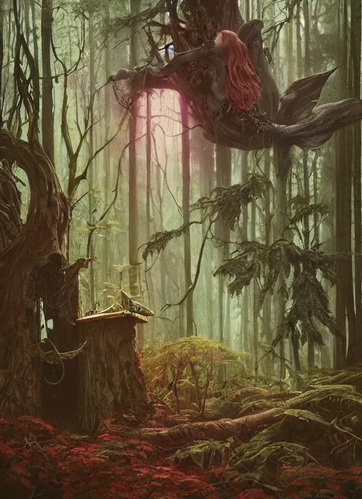 Image similar to a hyper realistic witch shrine in the woods gorgeous lighting, lush forest foliage painting by chiara bautista and beksinski and norman rockwell and greg rutkowski weta studio, and lucasfilm