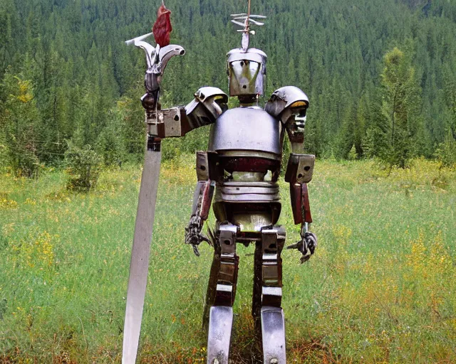 Image similar to middle shot, ancient greek robot warrior standing in front of altai forest with a sword, circa 1 9 8 4, detailed photo