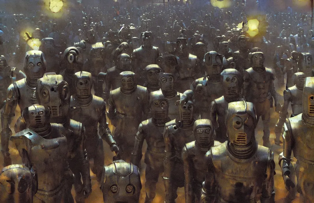 Image similar to march of the cybermen, detailed painting, epic lighting, by ilya repin, phil hale and kent williams