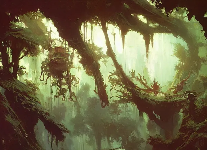 Image similar to treehouse interior, intricate, elegant, highly detailed, vivid colors, john harris, frazetta, tyrus wong, ruan jia, jeffrey catherine jones