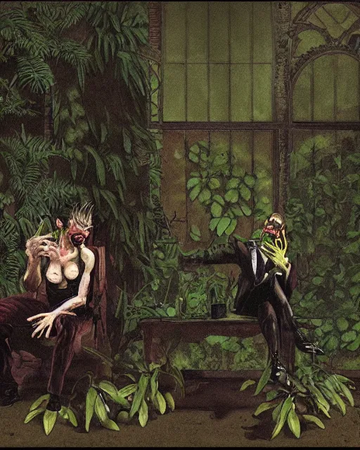 Image similar to dark fleshy figure seated next to another dark angry figure laughing alone inside an empty dark ballroom overgrown with plants in the style of Norman Rockwell and Greg Rutkowski and Francis Bacon