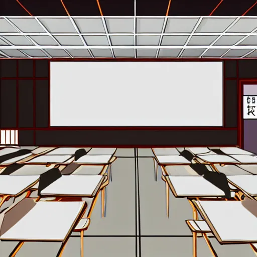 Prompt: a japanese high school classroom, artstation, highly detailed, empty, whiteboard, kanji, visual novel, calming, grey colours