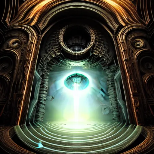 Prompt: majestic portal to another dimension, with turbulent image of different time space reality, divine lighting, ethereal, sci fi, high detail, intricate, giger, photo realistic, 8 k