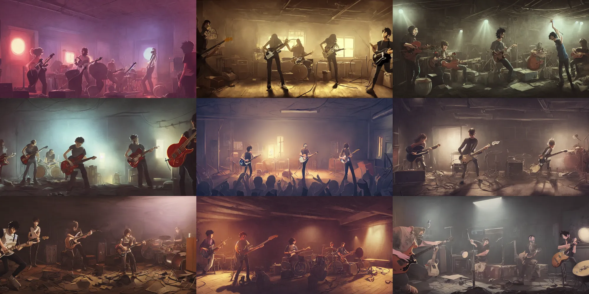 Prompt: animation key shot, metal band practicing their guitar, drums and singing in a humble basement, metal concert, music playing live, close up shot, studio Ghibli, Pixar and Disney animation, sharp, Rendered Unreal Engine 5, film key art, Greg Rutkowski, Bloom, dramatic lighting