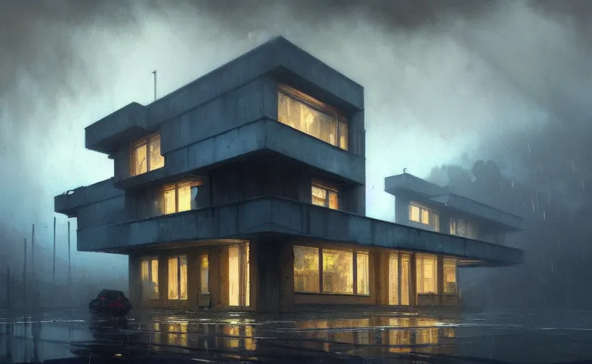 Prompt: painting of a wide angle exterior shot of a brutalist architecture house with rainy and moody cinematic lighting by darek zabrocki and greg ruthkowski, alphonse mucha, simon stalenhag and cinematic and blue cold atmospheric, archillect concept art, artstation, trending on artstation