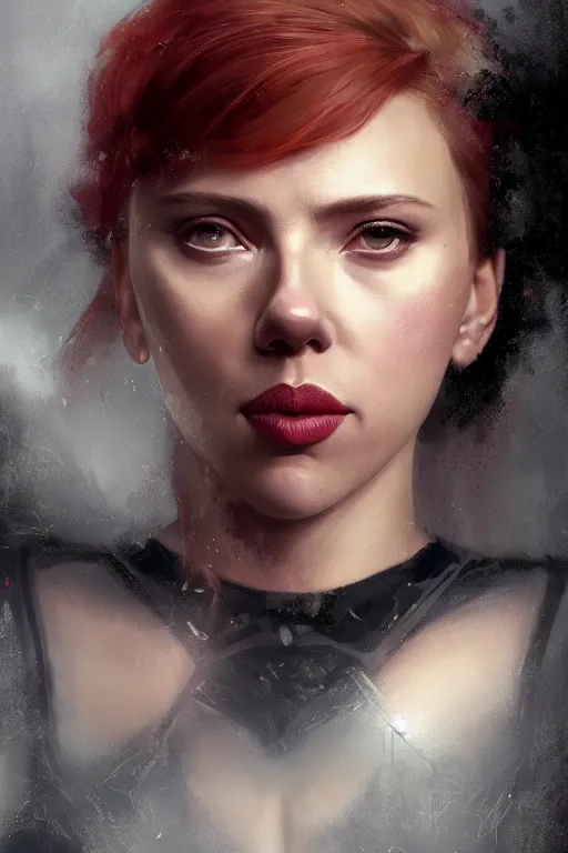 Image similar to a fancy portrait of a Scarlett Johansson as black widow by Greg Rutkowski, Sung Choi, Mitchell Mohrhauser, Maciej Kuciara, Johnson Ting, Maxim Verehin, Peter Konig, final fantasy , mythical, 8k photorealistic, cinematic lighting, HD, high details, atmospheric,