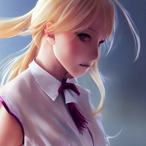 Prompt: luxury advertisement, astonishing portrait of a very beautiful anime high-school girl with blonde hair ponytail, white ribbon, full perfect face, realistic, highly detailed background, artstation, 120 degree view, drawn by Sasoura, Satchely and Akihiko Yoshida, no distortion
