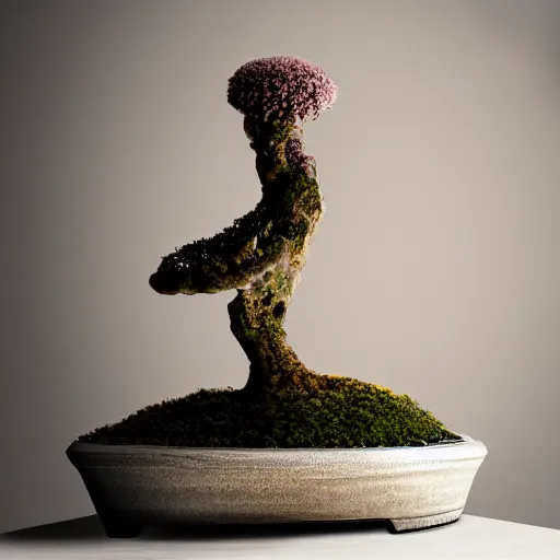 Image similar to A picture of a planet of various flowers, fungus and plants, Bonsai , in which the human figure is dressed in something magical and impressive, inside the picture is infinity, muted light, BotanicalAtmospheric phenomenon, artistic photography, muted colors, conceptual, Kodachrome