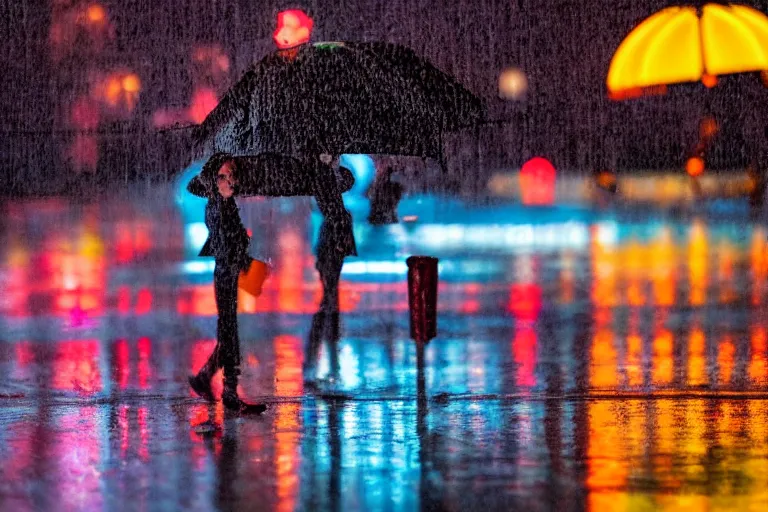 Image similar to canon, 300mm, bokeh, city at night, raining, reflections, people with umbrellas, neon lights