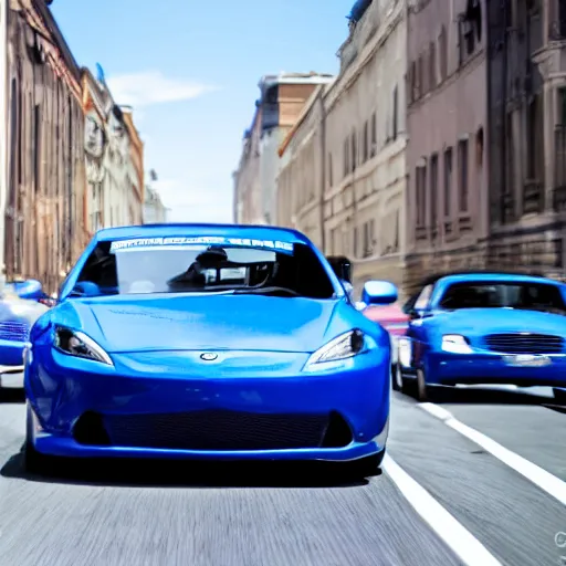 Prompt: blue racing engine driving fast on the street