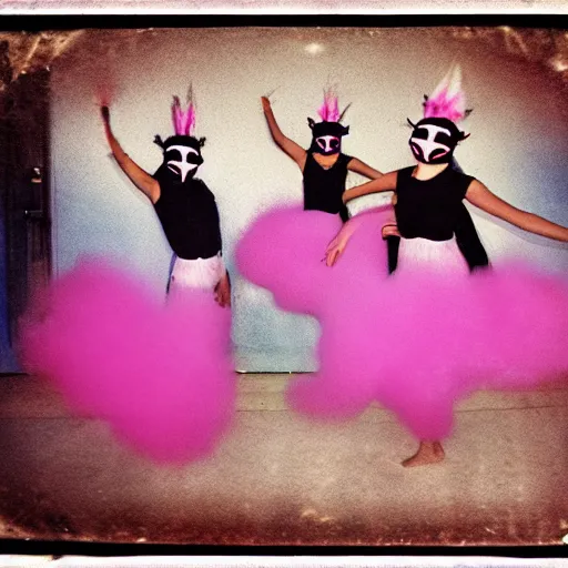 Image similar to pinhole photo of dancers made from cotton candy in big geometric MASKS, smudge, lo fi, mix, texture