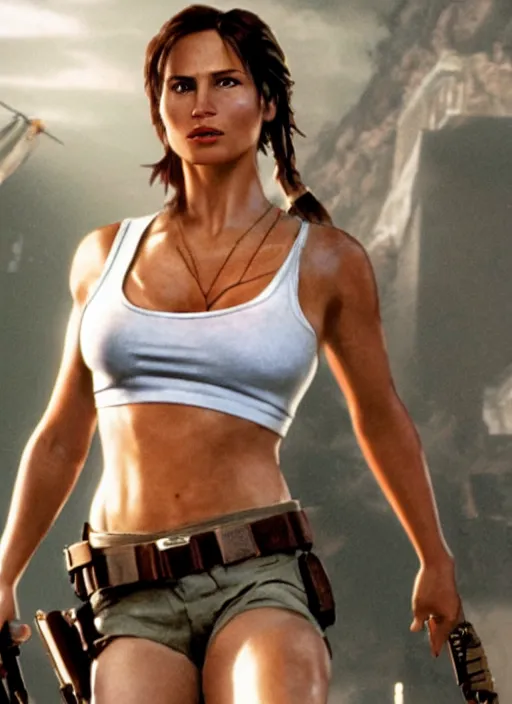 Image similar to film still of Lara Croft as John McClane in Die Hard, thicc, large chest, crop top, white thong, 4k