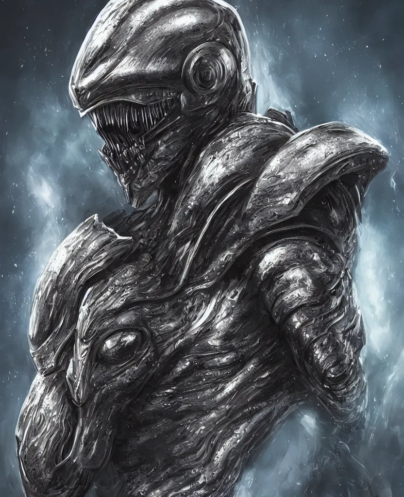 Prompt: a hero portrait of an alien creature with highly detailed features wearing heavy armor, dramatic rim lighting