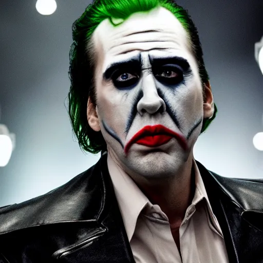 Image similar to Nicholas Cage as The Joker 8k hdr amazing lighting