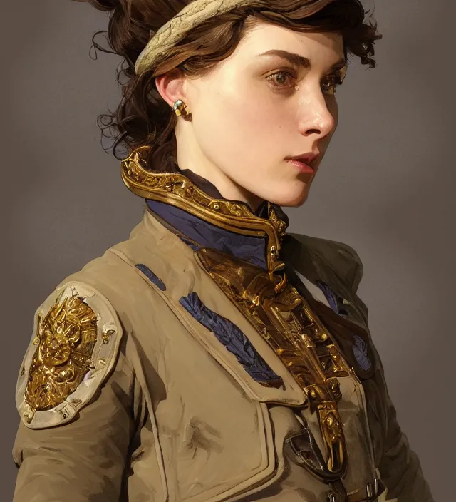 Prompt: portrait of a french woman wearing a blue traditional nineteenth century military jacket, metal shoulder pauldrons, intricate, highly detailed, digital painting, artstation, concept art, sharp focus, cinematic lighting, illustration, art by artgerm and greg rutkowski, alphonse mucha, cgsociety