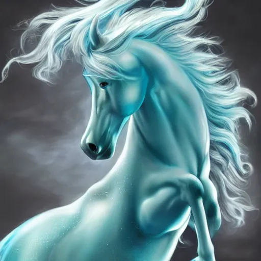 Prompt: a fantastical transparent small turquoise spirit horse made of water and foam, splashing water, translucent, ethereal, noble, radiant, hyperalism, scottish folklore, digital painting, artstation, concept art, smooth, 8 k frostbite 3 engine, ultra detailed, art by artgerm and greg rutkowski and magali villeneuve