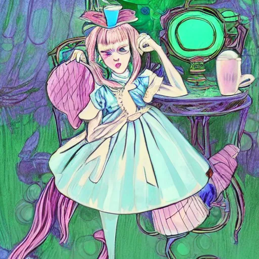 Prompt: Alice in Wonderland having a tea party with the Mad Hatter, in the style of Magic Realism, inspired by shoujo manga, harajuku street fashion, John Singer Sargent, Möbius, Neil Gaiman, yayoi kusama, Grimes, pastel goth, dramatic composition, ethereal, gradients and chromatic aberration effects, very thin expressive lineart, pastel and muted tones, Victorian, dreamlike, otherworldly, photorealistic 4k, hyper detailed