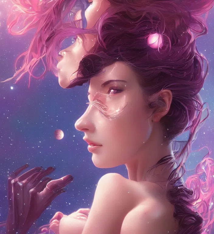 Prompt: beautiful, haunting young woman, detailed gorgeous face, flowing hair, vaporwave aesthetic, synthwave, space and planets in her hair along her face, shooting stars, milkyway, psychedelic, digital painting, artstation, concept art, smooth, sharp focus, illustration, art by artgerm and greg rutkowski and alphonse mucha