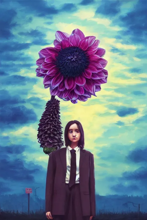 Image similar to closeup giant dahlia flower head, girl in a suit, street, surreal photography, blue sky, sunrise, dramatic light, impressionist painting, digital painting, artstation, simon stalenhag