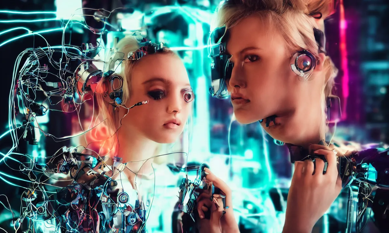 Image similar to A beautiful blonde model who is half of a robot with wires coming out of her head, Cyberpunk, neon, 60s, Sony a7R IV, symmetric balance, polarizing filter, Photolab, Lightroom, 4K, Dolby Vision, Photography Award