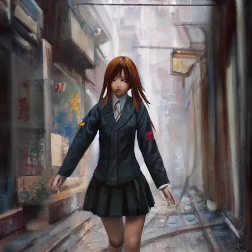 Image similar to a perfect, realistic professional oil painting of a Japanese schoolgirl posing in a dystopian alleyway, style of Marvel, full length, fine details, by a professional American senior artist on ArtStation, a high-quality hollywood-style concept