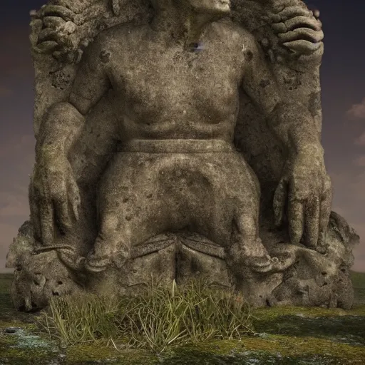 Prompt: large ancient statue, crumbling, overgrown, digital render, beautiful lighting