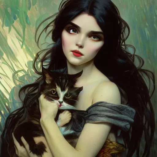 Image similar to cute!!! goth girl with long dark hair parted sideways thick eyebrows and dark eyes, she is holding a cat in her arms, by juan villafuerte, greg rutkowski and alphonse mucha, pexels contest winner, high quality photo, rtx, hd