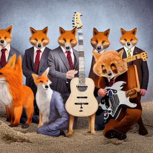 Image similar to music album cover, with foxes animals dressed in suits, holding guitars, on a beach, all looking at camera, studio lighting, 8 5 mm f / 1. 4