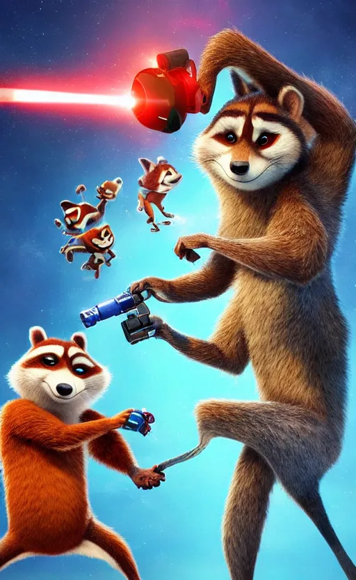 Image similar to “red racoon holding laser gun standing face to face off with blue racoon holding laser gun, boxing style face off, cinematic, dramatic in the style of zootopia”