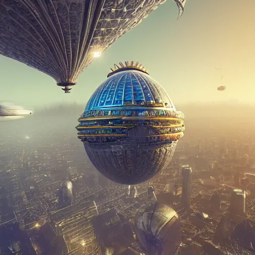 Prompt: enormous flying city in a faberge egg, sky, steampunk, fantasy art, masterpiece, hugh ferriss, octane render