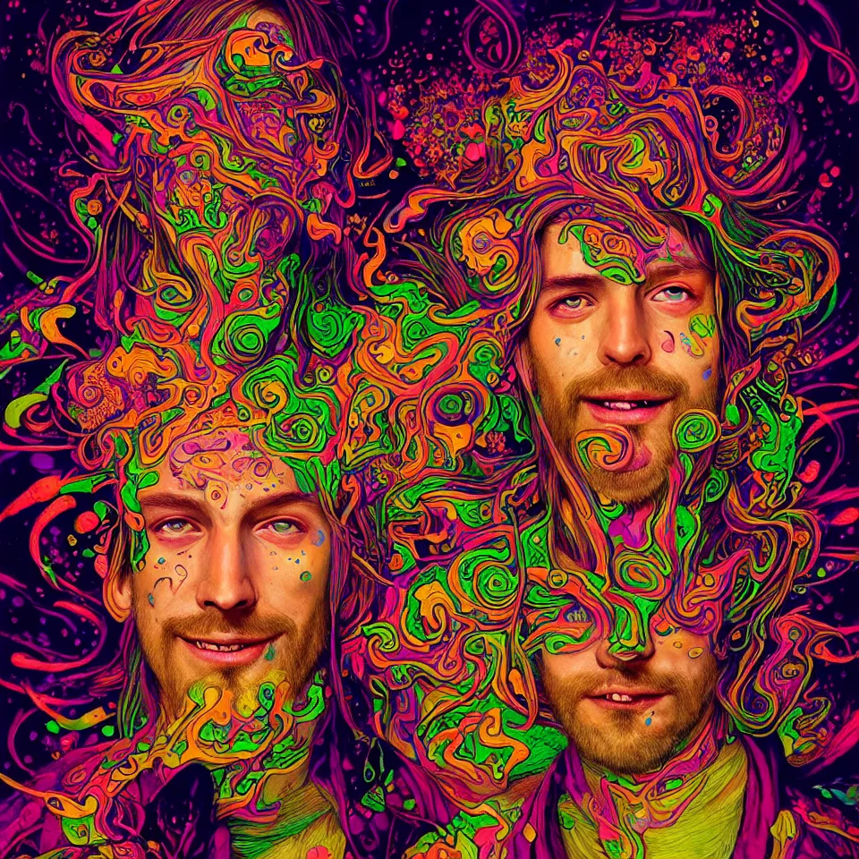 Image similar to happy psychedelic portrait of stoner tripping on lsd and becoming mushrooms, smiling franticly, diffuse lighting, fantasy, intricate, elegant, highly detailed, lifelike, photorealistic, digital painting, artstation, concept art, smooth, sharp focus, art by john collier and albert aublet and krenz cushart and artem demura and francis bacon