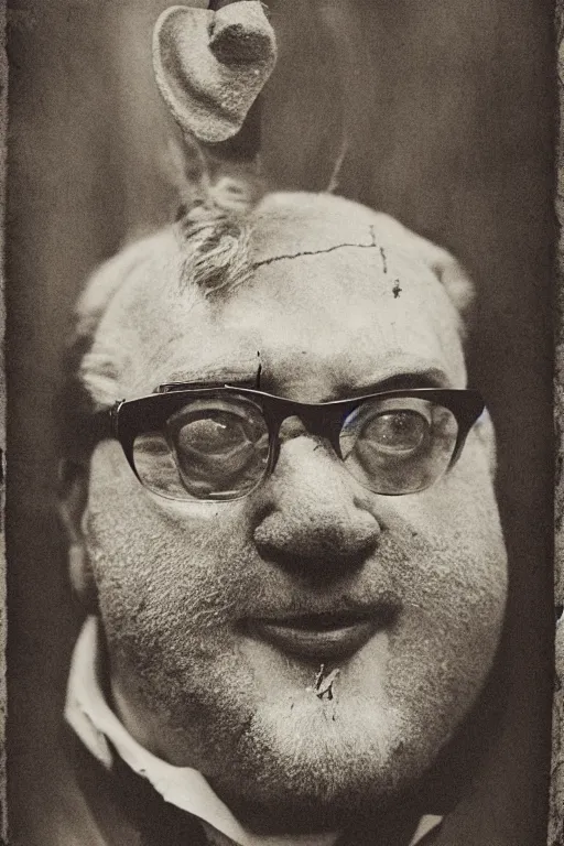 Image similar to ronald mcdonald, portrait, full body, symmetrical features, silver iodide, 1 8 8 0 photograph, sepia tone, aged paper, sergio leone, master prime lenses, cinematic